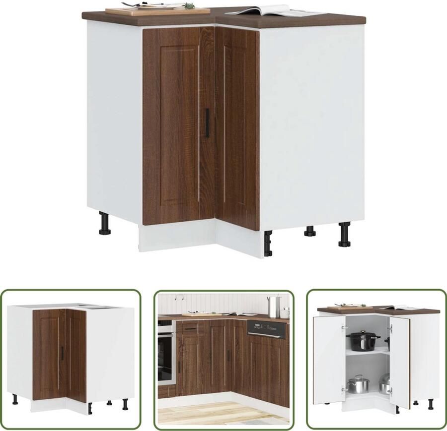 The Living Store Keuken hoekonderkast Porto bewerkt hout bruin eikenkleur Keukenhoekonderkast Winkelkasten Houten Kast Opbergruimte Keukenopstelling