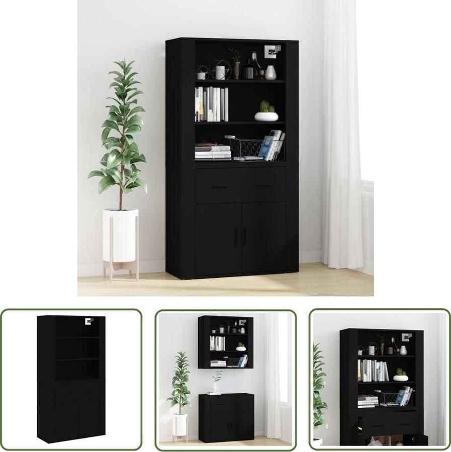 The Living Store Hoge kast bewerkt hout zwart Hoge Kast Buffetkast Houten Kast Zwarte Kast Opslagruimte - Foto 4