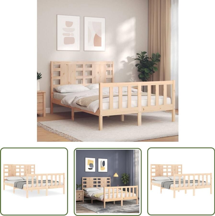 VidaXL Hoofd Bord Bed Massief Grenenhout Bed Frame Bedframe met hoofdbord massief hout Tweepersoons Bed Frame 135x190 Houten Bed Frame