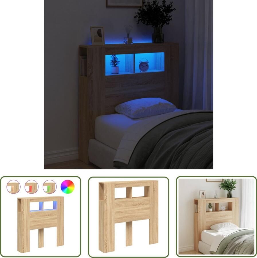 The Living Store Hoofdeinde met LED 100x18 5x103 5 cm bewerkt hout sonoma eiken LED Hoofdbord Hoofd Bord Led Rgb Verlichting Houten Hoofdbord Bedroom Furniture