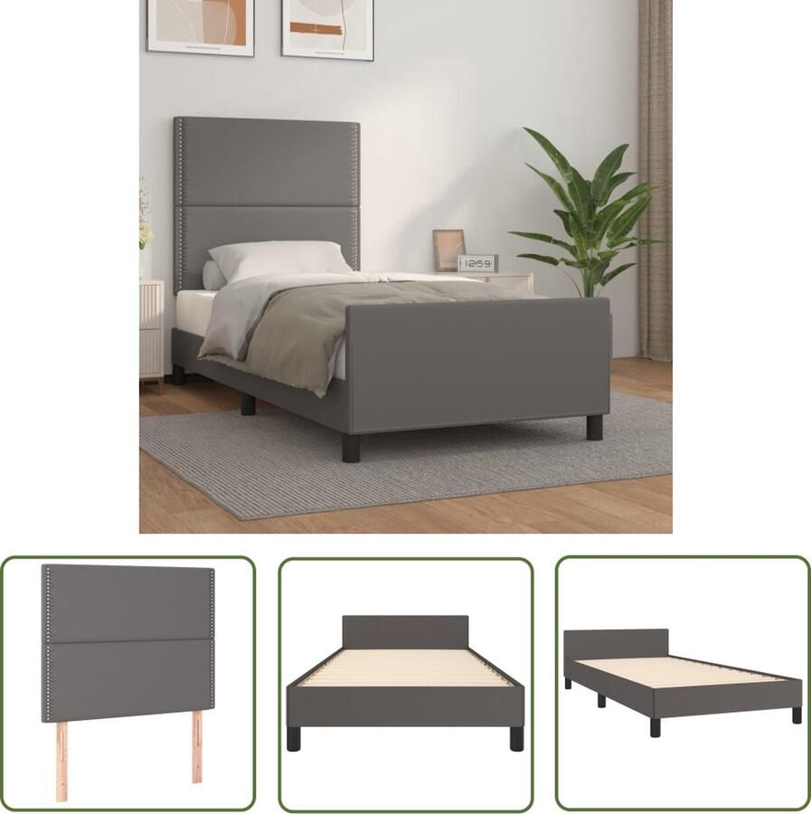 The Living Store Bedframe met hoofdbord kunstleer grijs 100x200 cm Bed Frame Hoofdboard Kunstleder Bed Grijze Bed Tweepersoons Bed