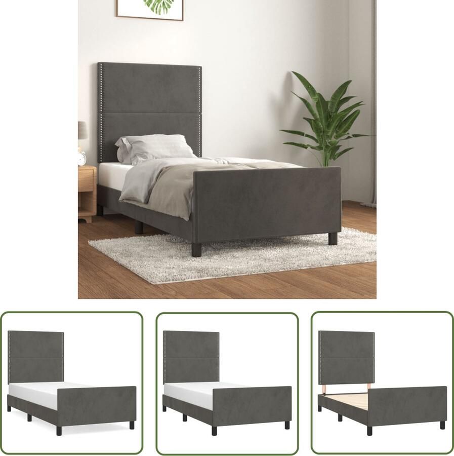 The Living Store Bedframe met Hoofdeinde Donkergrijs Fluweel Verstelbare Hoogte Ondersteunende Poten Multiplex Lattenbodem Comfortabele Ondersteuning 193x93x118 128cm Geschikte Matras 90x190cm