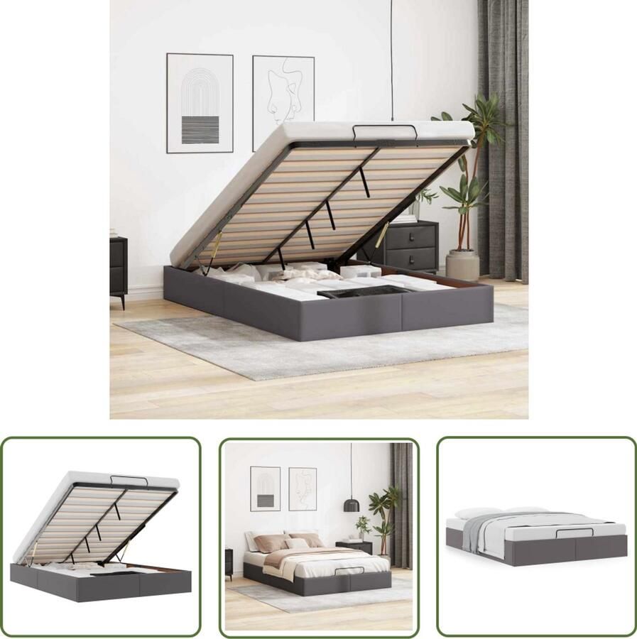 VidaXL Hoofdbord Bed Frame Bedframe zonder matras 140x190 cm kunstleer grijs Kunstleder Bed Tweepersoons Bed Opbergbed