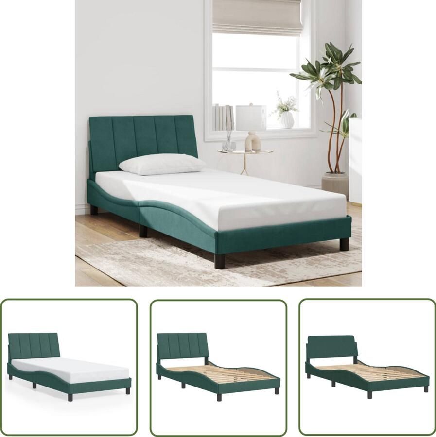VidaXL Bedframe zonder matras Hanko 100x200 cm fluweel donkergroen Bed Frame Hoofdbord Velvet Bed Groen Bed Houten Bed