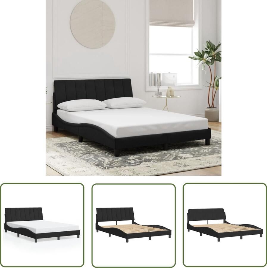 The Living Store Bedframe zonder matras 140x200 cm fluweel zwart Bed Frame Hoofdbord Velvet Bed Zwart Bed Tweepersoonsbed