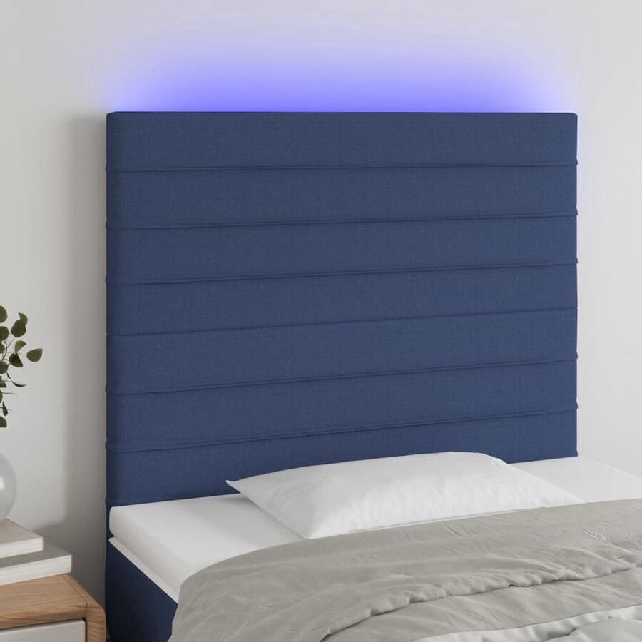 The Living Store LED-hoofdbord 100 x 5 x 118 128 cm Blauw stof Verstelbare hoogte Kleurrijke LED-verlichting Hoofd Bord Led Hoofdbord Blauw Beddecoratie Led Lamp Slaapkamers