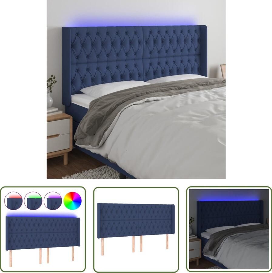 The Living Store LED-hoofdbord Blauw Stof Hout Verstelbaar LED-verlichting 203x16x118 128cm Incl montagehandleiding USB-aansluiting Led Hoofdbord Blauw Led Lamp Slaapkamers Decoratie Comfortabel Hoofdbord