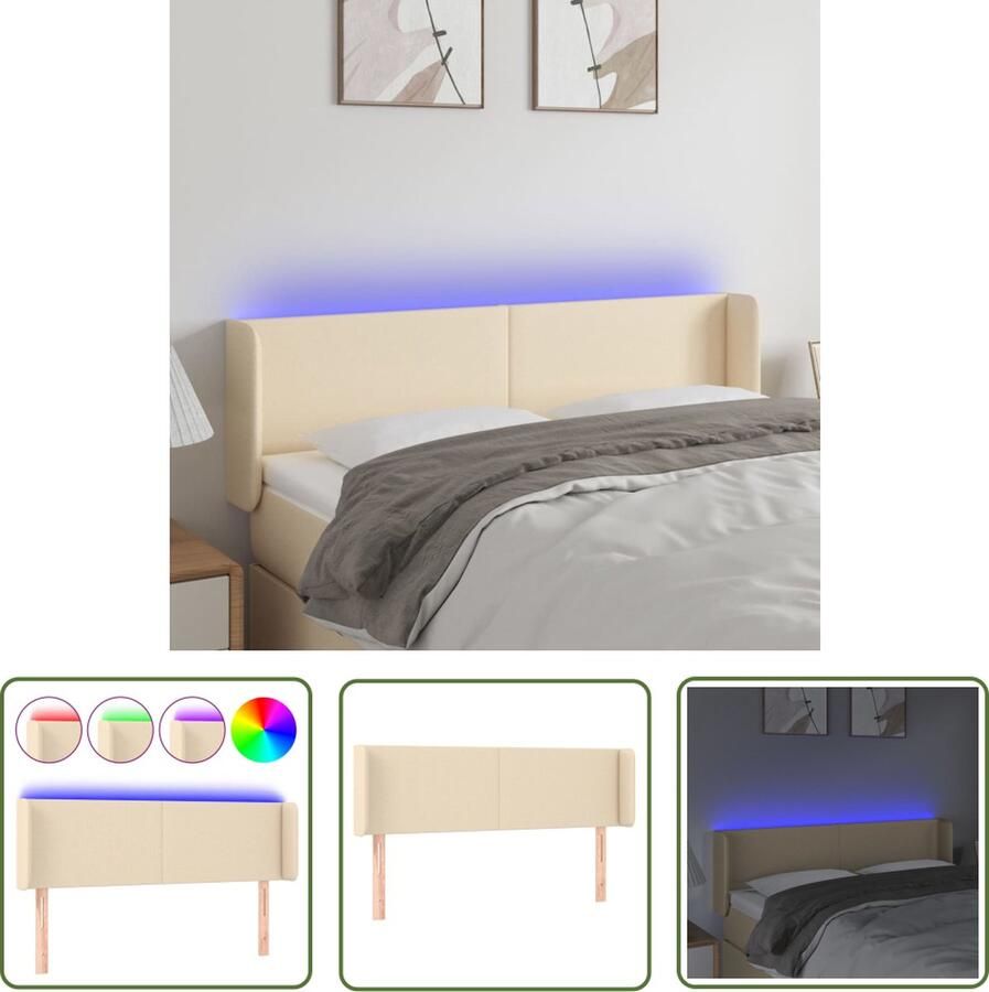 The Living Store Hoofdbord LED Verstelbaar 147 x 16 x 78 88 cm Crème Stof Duurzaam Kleurrijke LED-verlichting Snijdbare LED-strip Montagehandleiding USB-aansluiting IP65 2 LED-strips