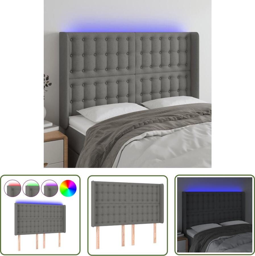 The Living Store Hoofdbord LED Verstelbare hoogte Duurzaam Comfortabele ondersteuning Snijdbare LED-strip Donkergrijs 147x16x118 128 cm Hoofd Bord Led Hoofdbord Grijs Beddecoratie Headboard Slaapkamers Decoratie
