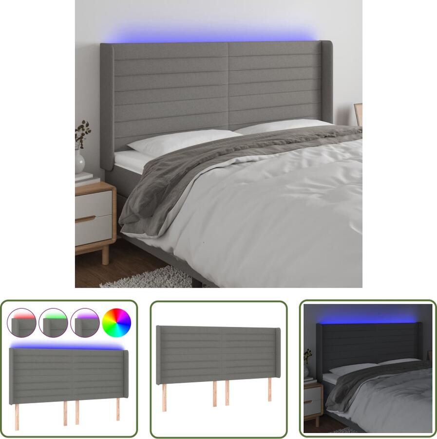 The Living Store Hoofdbord LED Donkergrijs 183x16x118 128 cm Verstelbare Hoogte Hoofd Bord Led Hoofdbord Grijs Beddecoratie Led Verlichting Slaapkamersfeer
