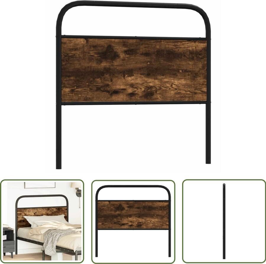 The Living Store Hoofdbord 100 cm staal en bewerkt hout gerookt eikenkleurig Hoofd Bord Hoofdbord Beddecoratie Houten Hoofdbord Staal Hoofdbord