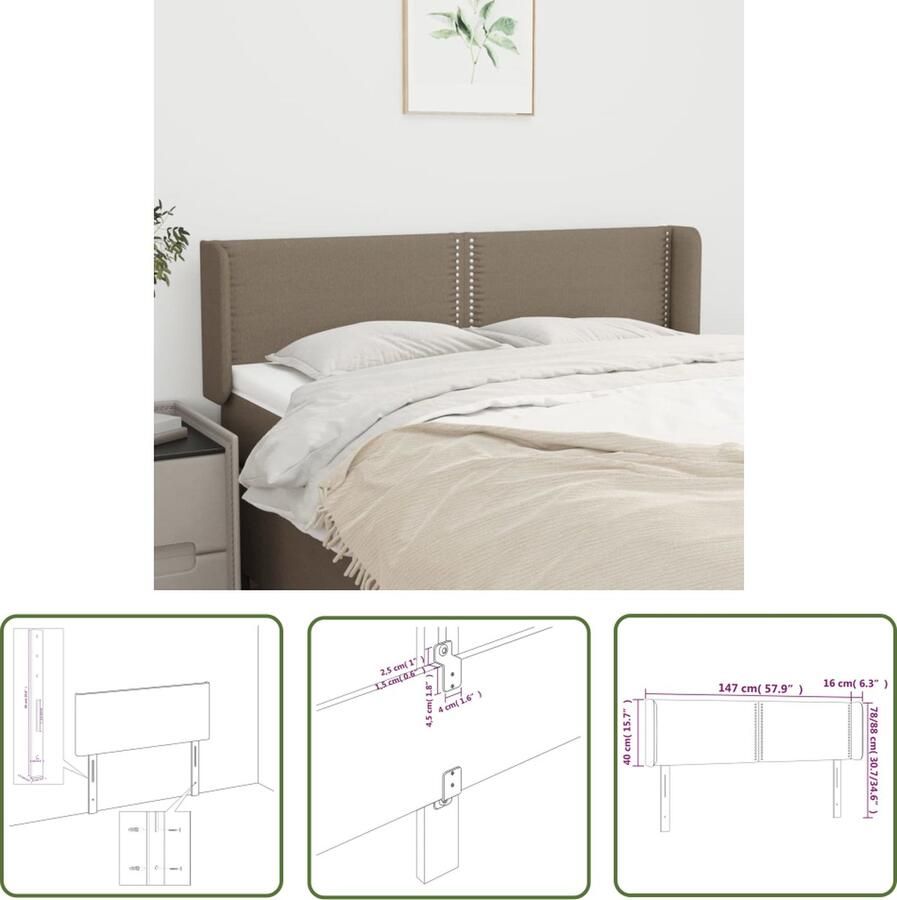 The Living Store Hoofdbord Hoofdeind 147 x 16 x 78 88 cm Taupe polyester stof Houten poten Verstelbare hoogte Hoofd Bord Hoofdbord Beddecoratie Hoofdbekleding Taupecleur