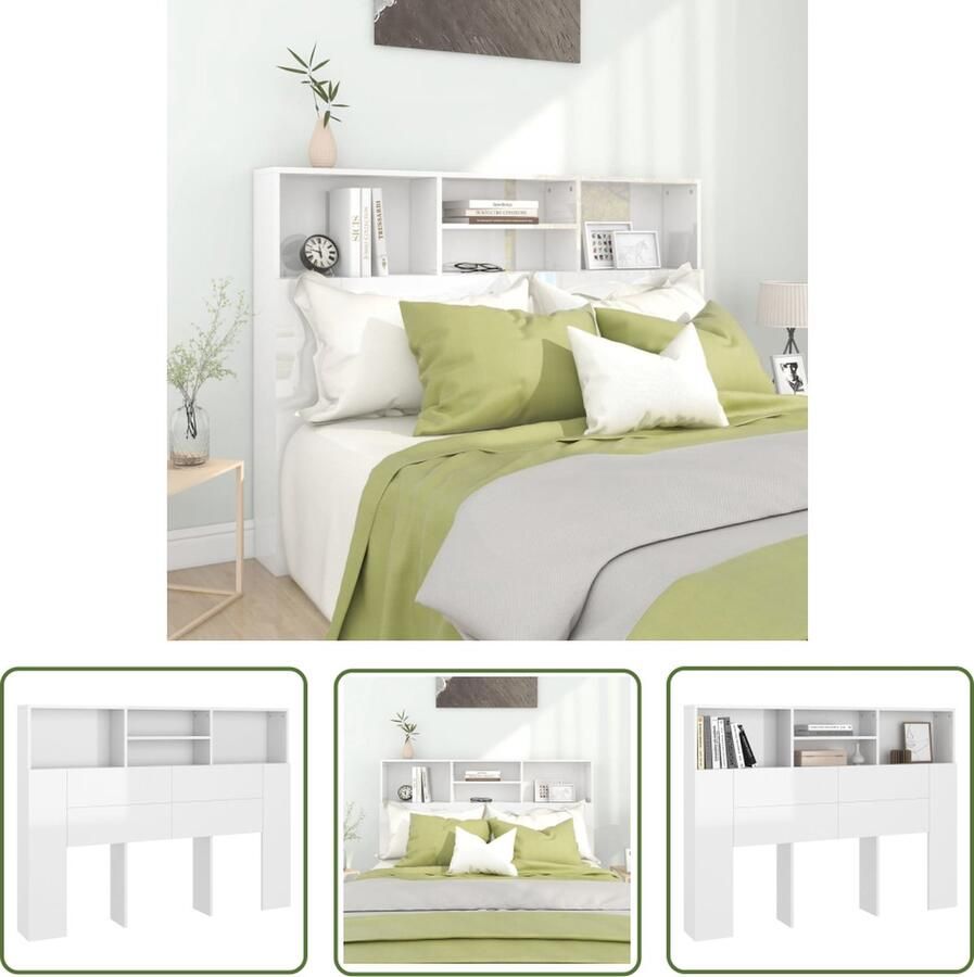 The Living Store Wandhoofdbordkast hoogglans wit 140 x 19 x 103.5 cm bewerkt hout Hoofd Bordkast Hoofdbord Slaapkamer Decoratie Houten Hoofdbord Witte Hoofdbordkast