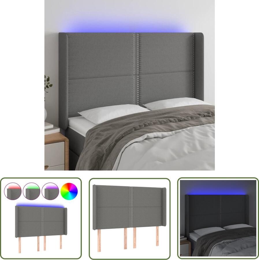 The Living Store Hoofdbord LED 147x16x118 128 cm stof donkergrijs Hoofd Bord Led Hoofdbord Met Led Hoofdbord Slaap Kamer Decoratie Led Lampen