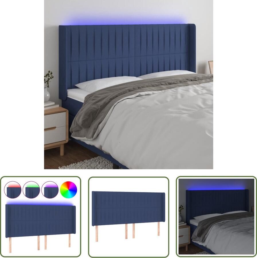 The Living Store Hoofdbord LED 163 x 16 x 118 128 cm Duurzaam blauw stof Verstelbare hoogte Comfortabele ondersteuning Snijdbare LED-strip Montagehandleiding 2 LED-strips