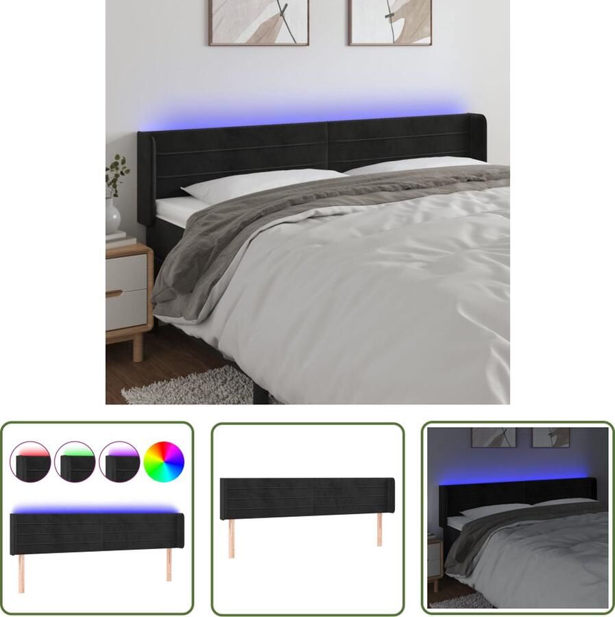The Living Store Hoofdbord LED Zacht fluweel Kleurrijke LED-verlichting Verstelbare hoogte Comfortabele ondersteuning Snijdbare LED-strip Hoofdeinde zwart Afmetingen 203x16x78 88cm Incl 2 LED-strips