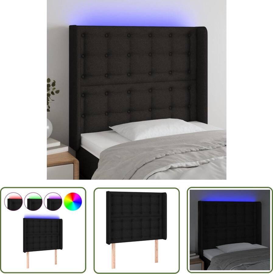 The Living Store Hoofdbord LED-strip 93x16x118 128 cm Zwarte stoffenbekleding Verstelbare hoogte Duurzaam materiaal Kleurrijke LED-verlichting Snijdbare LED-strip Incl montagehandleiding