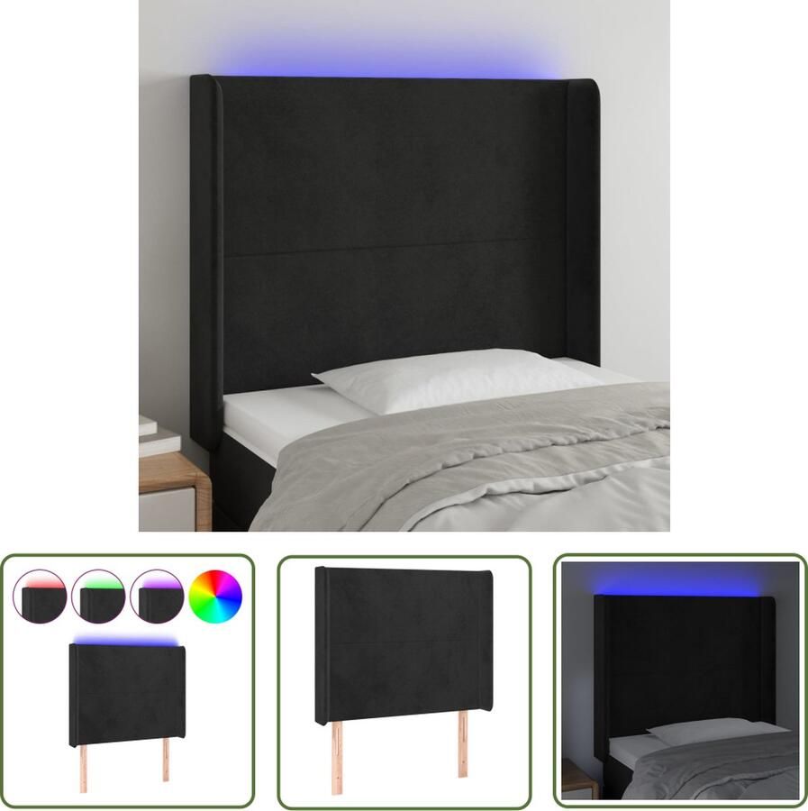 The Living Store Hoofdbord LED 93x16x118 128 cm fluweel zwart Led Hoofdbord Zwart Velvet Hoofdbord Led Lamp Headboard Adjustable Headboard