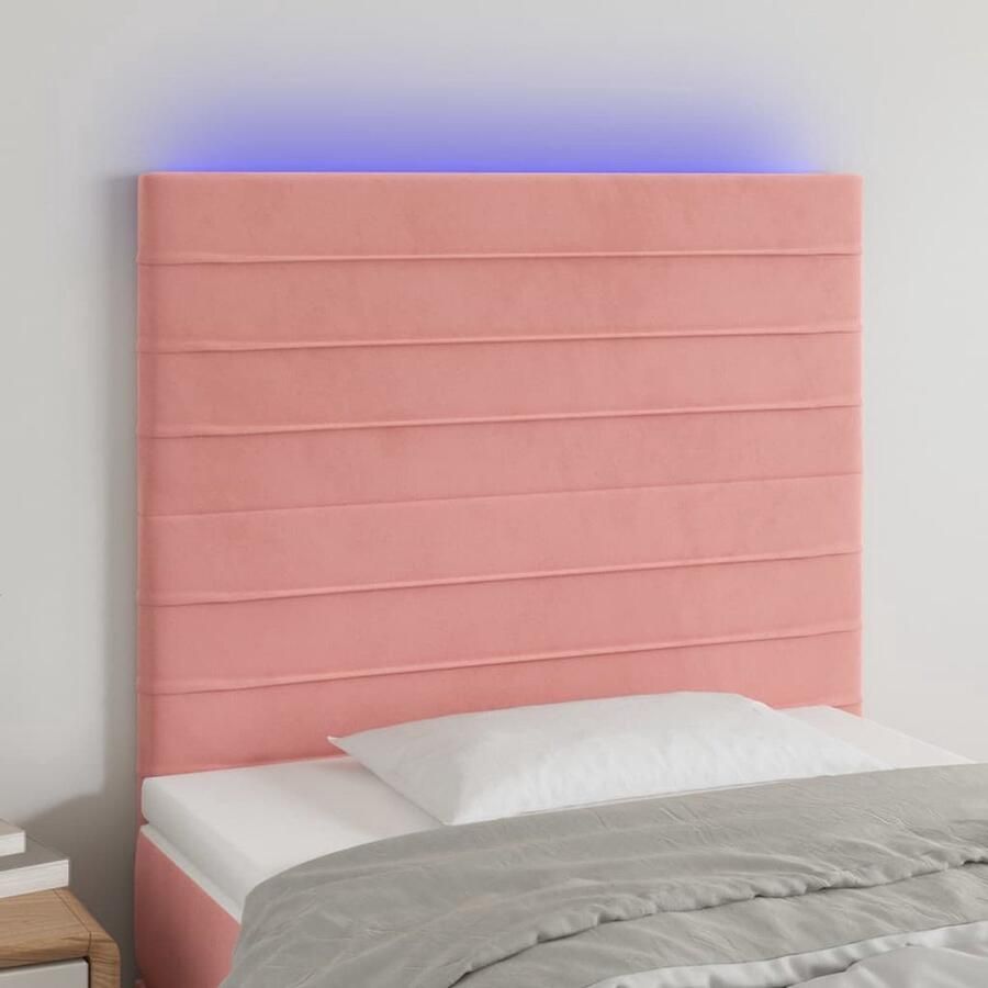 The Living Store Hoofdeind Fluweel LED-verlichting Verstelbaar Comfortabele ondersteuning Snijdbare LED-strip Roze 100x5x118 128cm Hoofd Bord Hoofdkussen Led Lamp Velvet Roze
