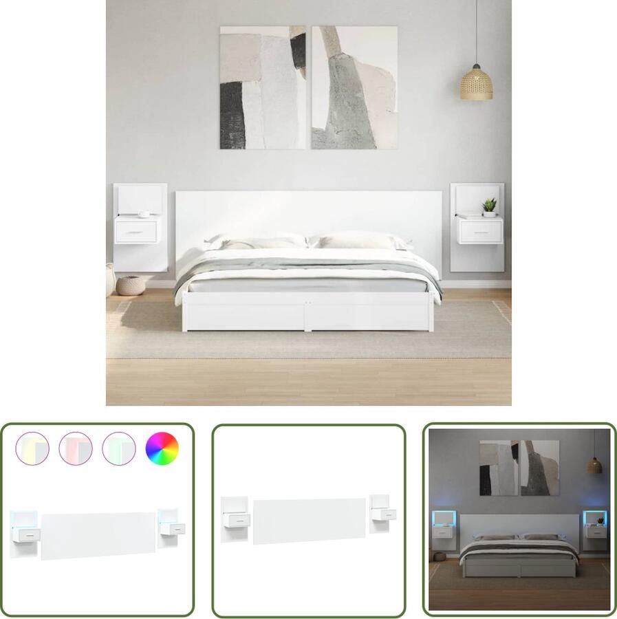 The Living Store Hoofdbord met Nachtkastjes 240 x 80 cm LED-verlichting Bewerkt Hout Wit Hoofd Bord Hoofdkussen Bed Frame Slaap Kamer Meubels Led Verlichting