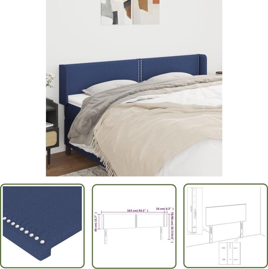 The Living Store Hoofdbord met randen 163x16x78 88 cm stof blauw Hoofd Bord Hoofdkussen Beddecoratie Slaapkamers Blauwe Kamer