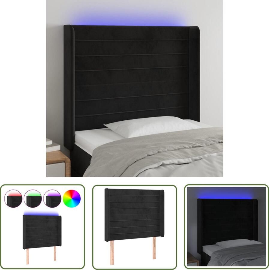 The Living Store Hoofdbord LED 103x16x118 128 cm fluweel zwart LED Hoofdbord Hoofdkussen Led Verlichting Velvet Hoofdbord Slaapcomfort
