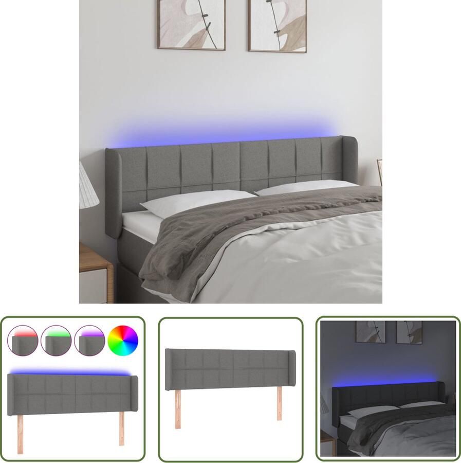 The Living Store Hoofdbord LED 147x16x78 88 cm stof donkergrijs LED Hoofdbord Hoofdkussen Led Lamp Bedding Accessories Slaapcomfort