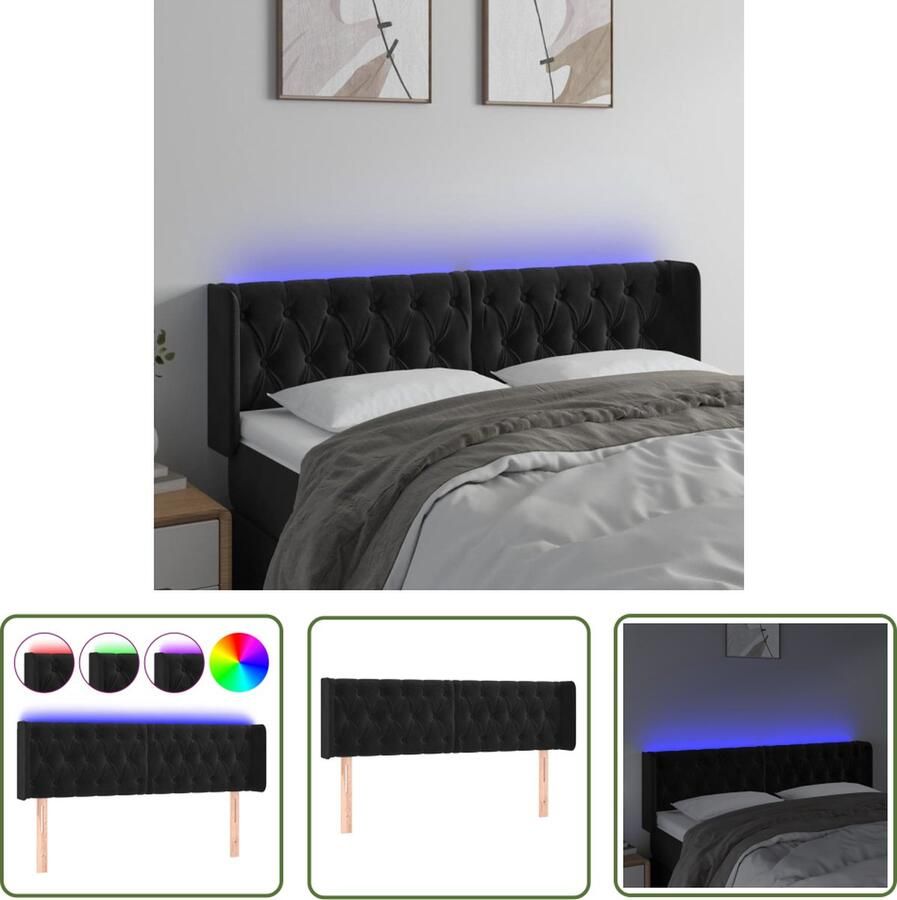 The Living Store Hoofdbord LED 163x16x78 88 cm fluweel zwart LED Hoofdbord Hoofdkussen Led Lamp Velvet Hoofdbord Beddecoratie