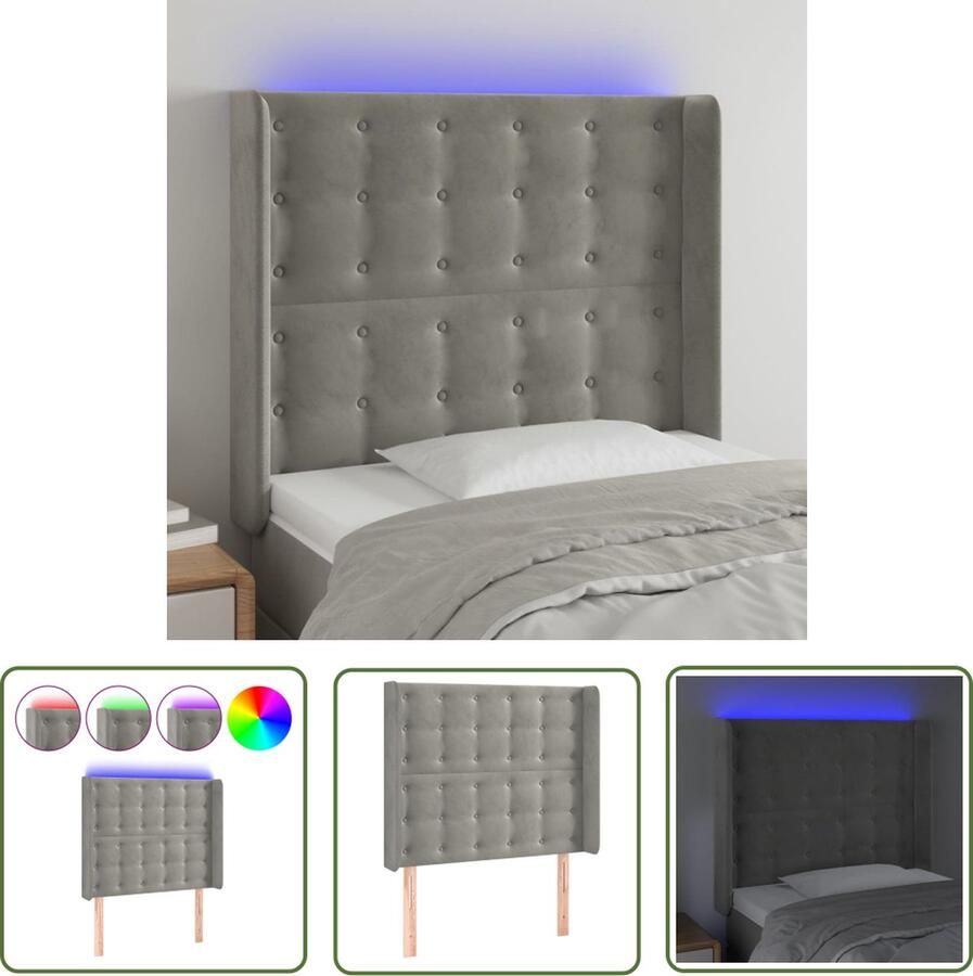 The Living Store LED-hoofdbord Zacht Fluweel Lichtgrijs 93x16x118 128 cm Verstelbaar Comfortabele Ondersteuning Snijdbare LED-strip LED Hoofdbord Hoofdkussen Led Verlichting Velvet Hoofdbord Grijs Hoofdbord