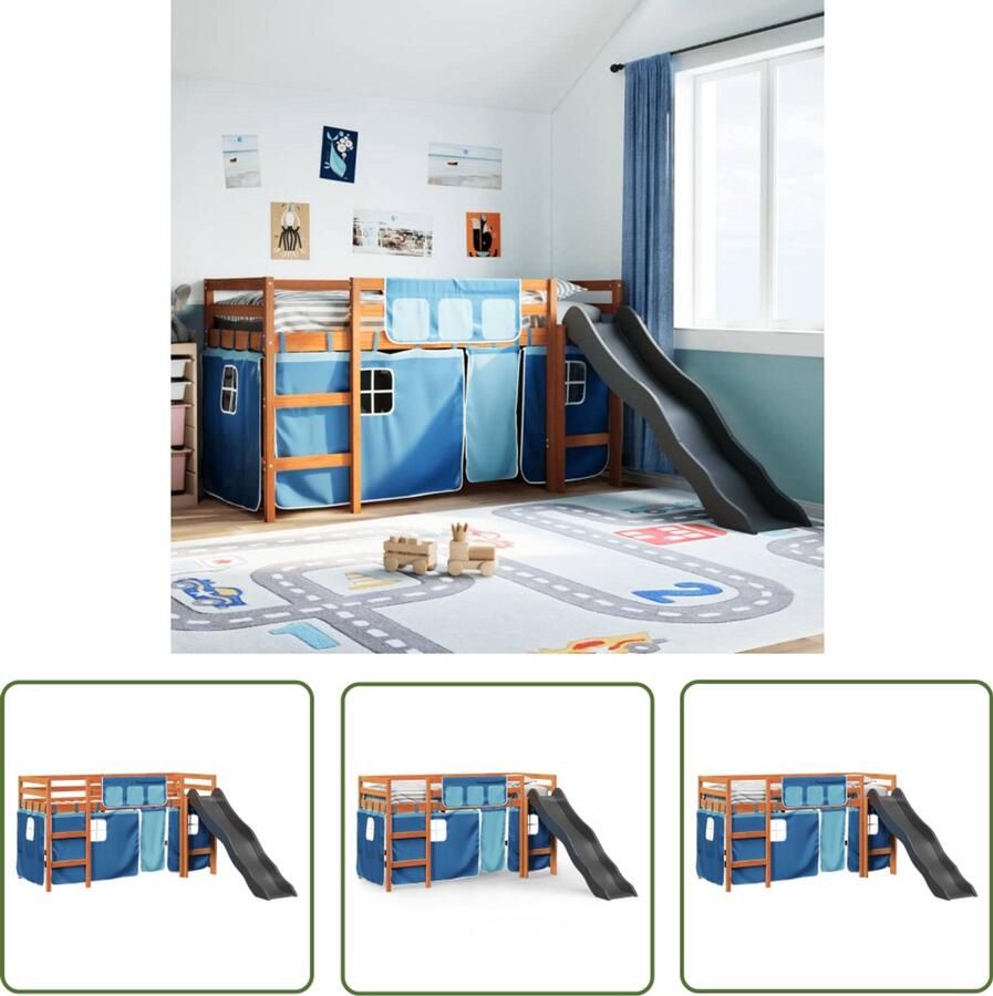 VidaXL Kinderhoogslaper met gordijnen 80x200 cm grenenhout blauw Kinderbed Hoog Slaapbed Hoogslaper Glijbaan Houten Bed