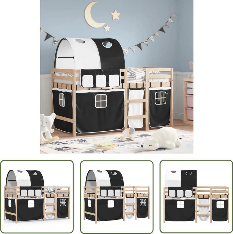 VidaXL Hoog Slaper Kinderhogeslaper Kinderhoogslaper met tunnel 80x200 cm grenenhout wit en zwart Kids Bed Grenenhout Bed Witte Kinderkamer