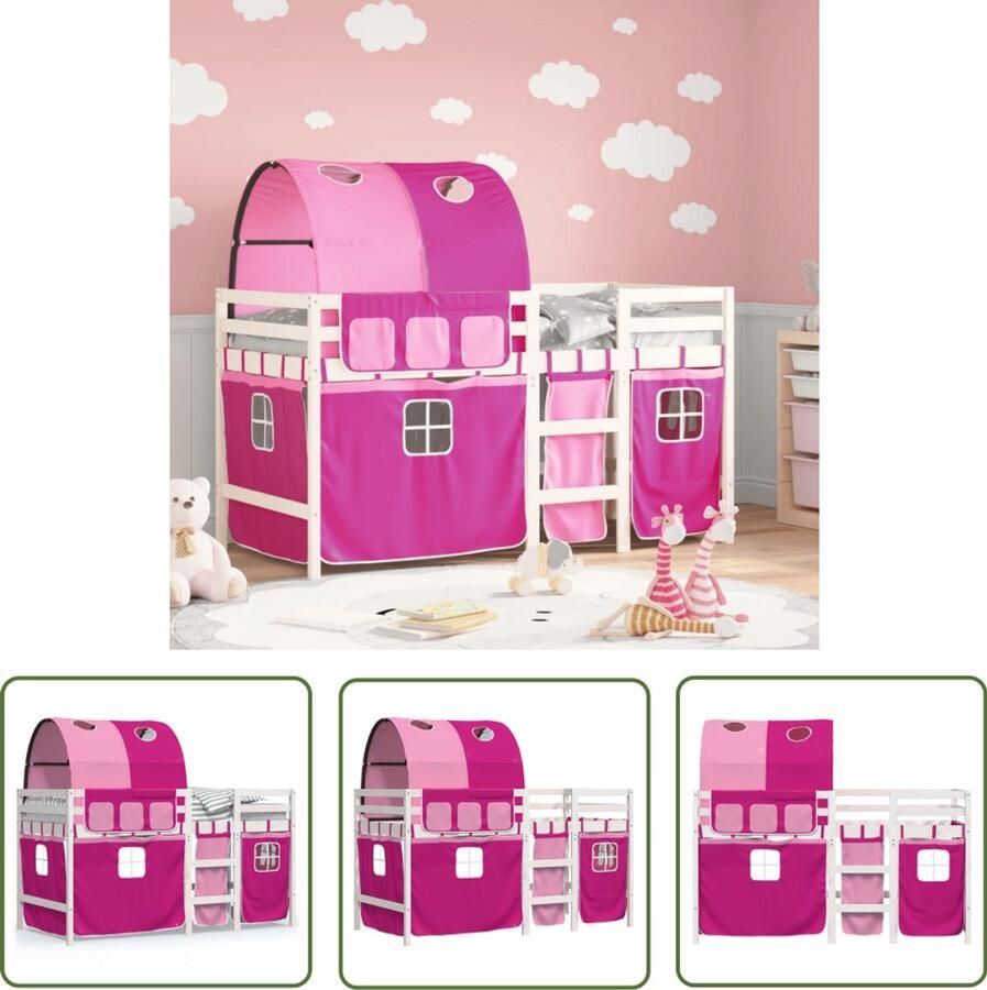 VidaXL Hoog Slaper Kinderhogeslaper Kinderhoogslaper met tunnel 90x200 cm massief grenenhout roze Grenenhouten Bed Kids Bed Meisjeskamer