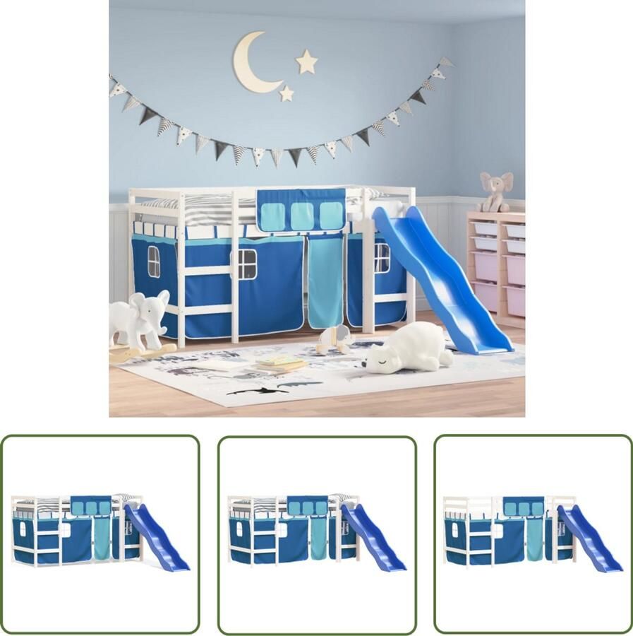 VidaXL Kinderhoogslaper met gordijnen 90x200 cm grenenhout blauw Kinderhoogslaper Hooghout Bed Grenenhout Bed Kids Bed Kinderkamer Decoratie