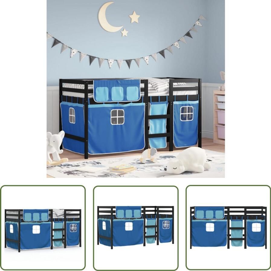 VidaXL Kinderhoogslaper met gordijnen 90x200 cm grenenhout blauw Kinderhoogslaper Hooghout Bed Grenenhout Bed Kids Bed Kinderkamers