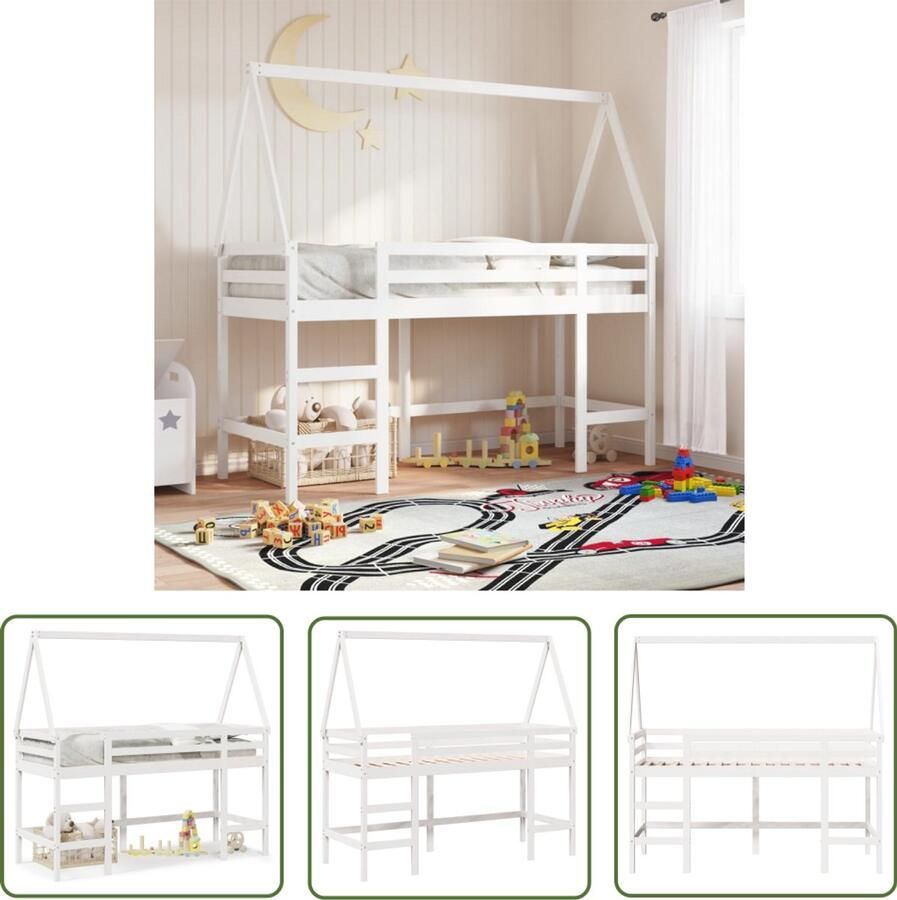 VidaXL Halfhoogslaper met ladder en bedhuis grenenhout wit 90x190 cm Halfhoogslaper Hoogslaper Kidsbed Grenenhout Bed Witte Bed