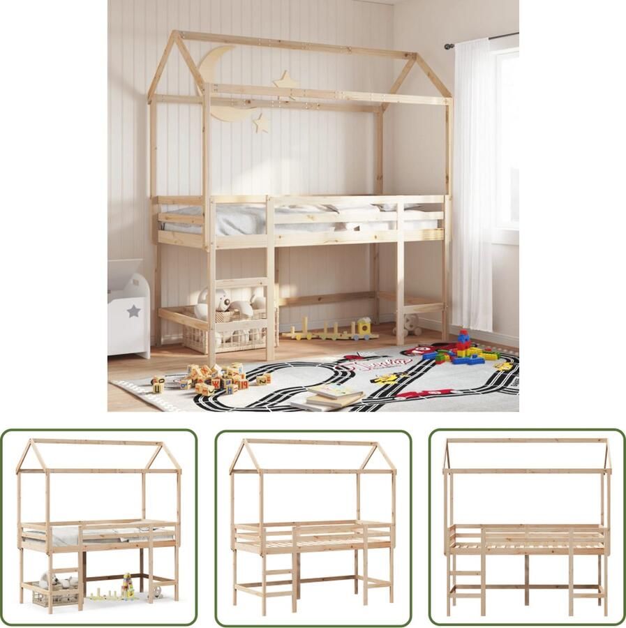 The Living Store Halfhoogslaper met ladder en bedhuis grenenhout 90x200 cm Kinderbed Hoogslaper Grenenhout Slaapkamers Kidskamer