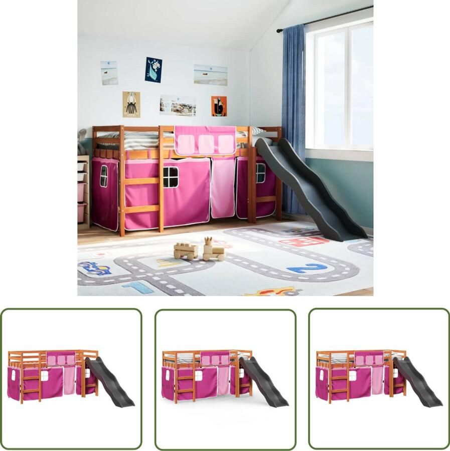 VidaXL Hoogslaper Kinderbed Kinderhoogslaper met gordijnen 90x190 cm grenenhout roze Houten Bed Kids Bed Slaapbank