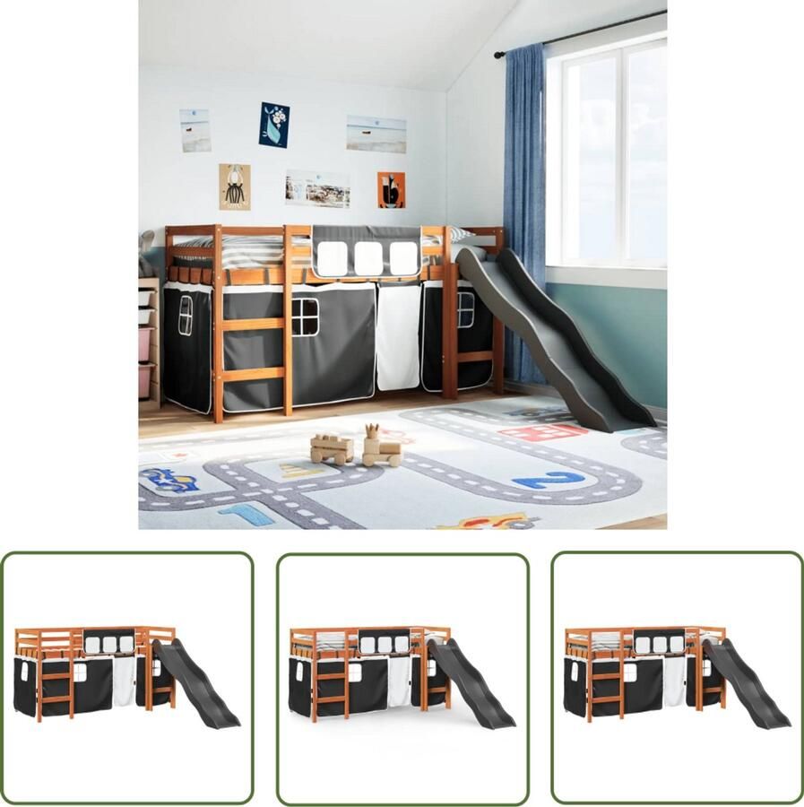 VidaXL Kinderhoogslaper met gordijnen 90x200 cm grenenhout wit zwart Kinderbed Hoogslaper Kinderkamer Houten Bed Bunkbed