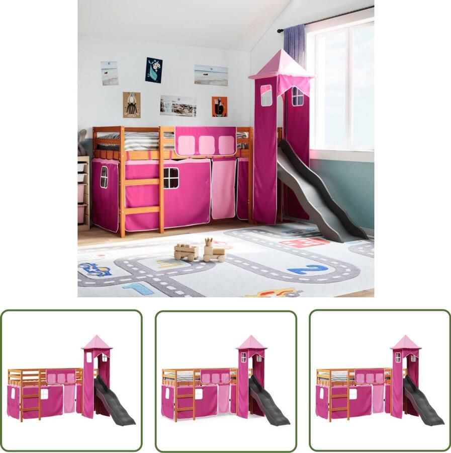 VidaXL Hoogslaper Kinderbed Kinderhoogslaper met toren 80x200 cm massief grenenhout roze Houten Bed Kids Bed Slaapfunctie