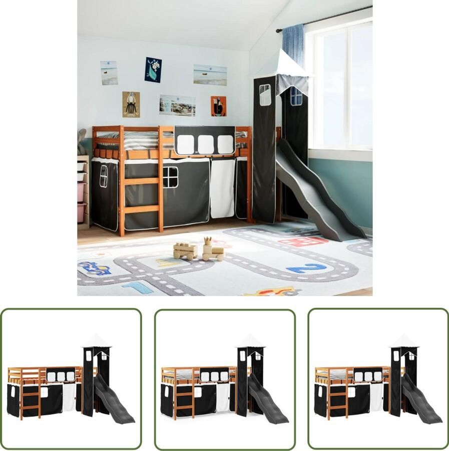 VidaXL Hoogslaper Kinderbed Kinderhoogslaper met toren 90x190 cm grenenhout wit en zwart Kidsbed Houten Bed Slaapbank