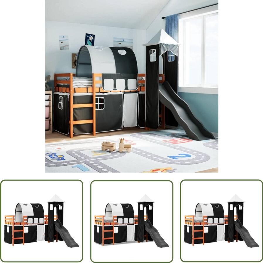 VidaXL Hoogslaper Kinderbed Kinderhoogslaper met toren 90x190 cm grenenhout wit en zwart Kinderkamer Houten Bed Bunkbed