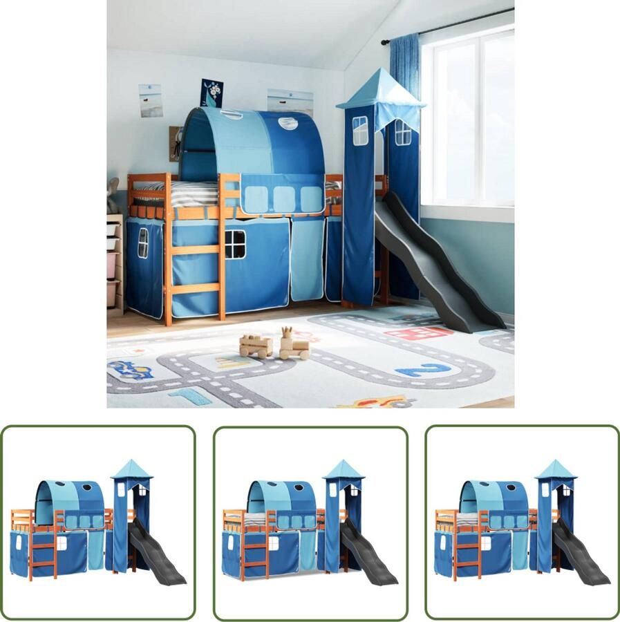 VidaXL Hoogslaper Kinderbed Kinderhoogslaper met toren 90x190 cm massief grenenhout blauw Houten Bed Bunkbed Kids Bedroom Furniture