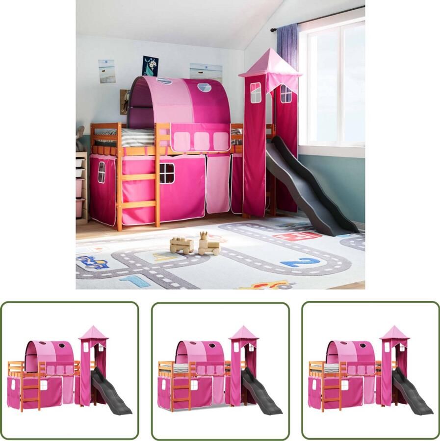 VidaXL Kinderhoogslaper met toren 90x190 cm massief grenenhout roze Kinderbed Hoogslaper Kinderkamer Houten Bed Bunkbed