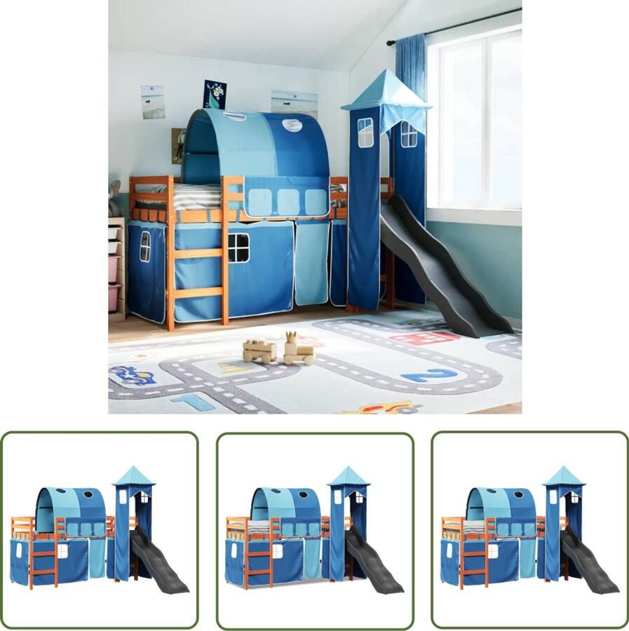 VidaXL Kinderhoogslaper met toren 90x200 cm massief grenenhout blauw Kinderbed Hoogslaper Kinderkamers Houten Bed Slaapfuncties