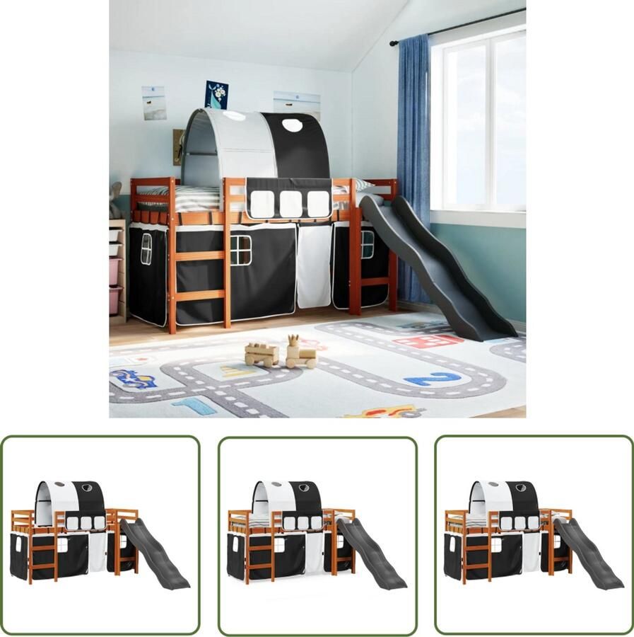 VidaXL Kinderhoogslaper met tunnel 90x190 cm grenenhout wit en zwart Kinderbed Hoogslaper Bunkbed Houten Bed Kids Bedroom Furniture