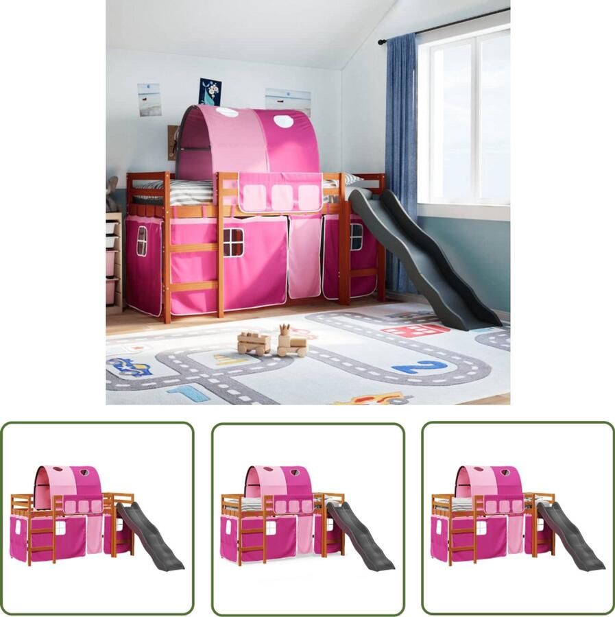 VidaXL Kinderhoogslaper met tunnel 90x200 cm massief grenenhout roze Kinderbed Hoogslaper Houten Bed Glijbaan Kids Bedroom Furniture