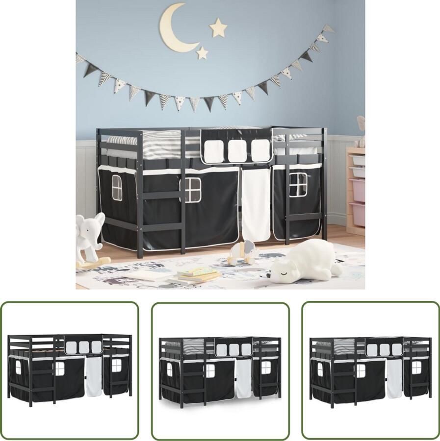 VidaXL Hoogslaper Kinderhogeschlaper Kinderhoogslaper met gordijnen 90x200 cm grenenhout wit zwart Grenenhouten Bed Kidsbed Kinderkamerinrichting