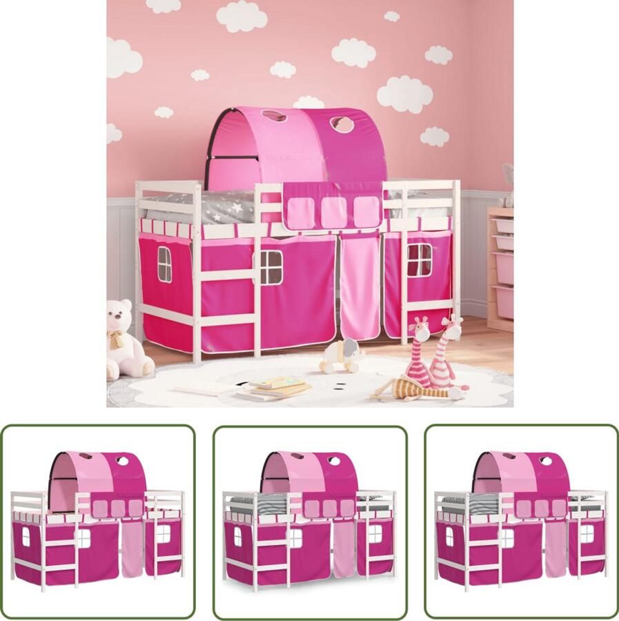 VidaXL Kinderhoogslaper met tunnel 90x200 cm massief grenenhout roze Kinderhogeschlaper Hoogslaper Kidsbed Grenenhout Rozerood