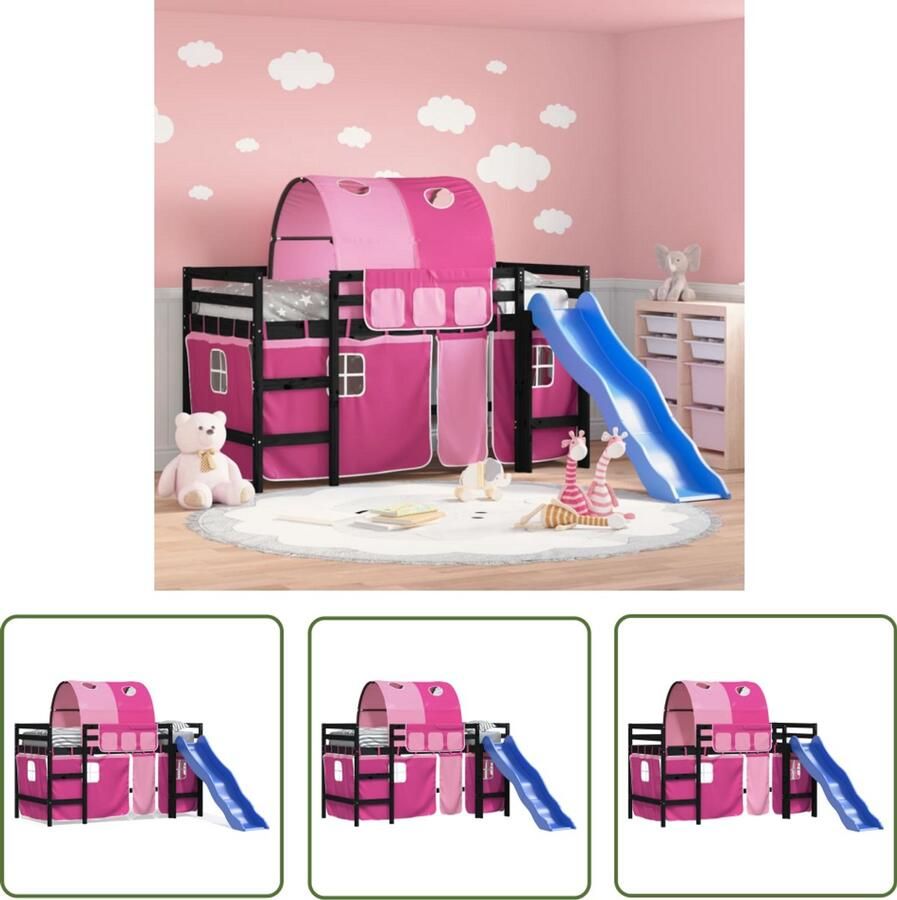 VidaXL Hoogslaper Kinderhogeslaper Kinderhoogslaper met tunnel 90x190 cm massief grenenhout roze Kidsbed Grenenhouten Bed Meisjesbed
