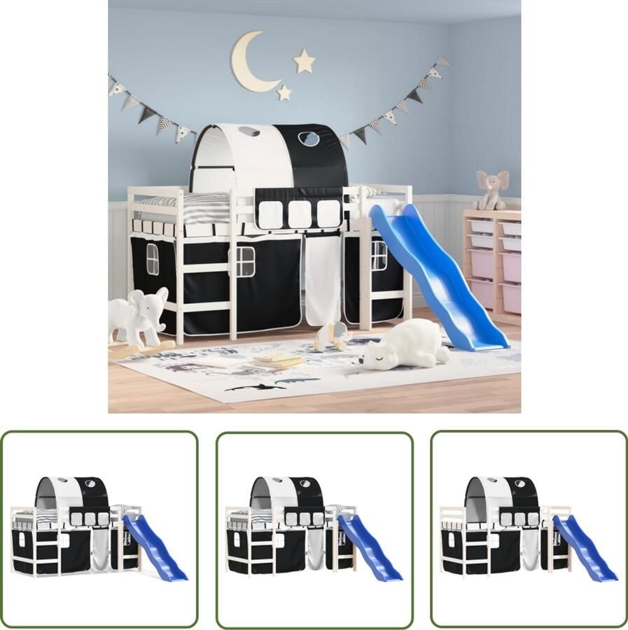 VidaXL Hoogslaper Kinderhogeslaper Kinderhoogslaper met tunnel 90x200 cm grenenhout wit en zwart Kidsbed Bunkbed Grenenhout